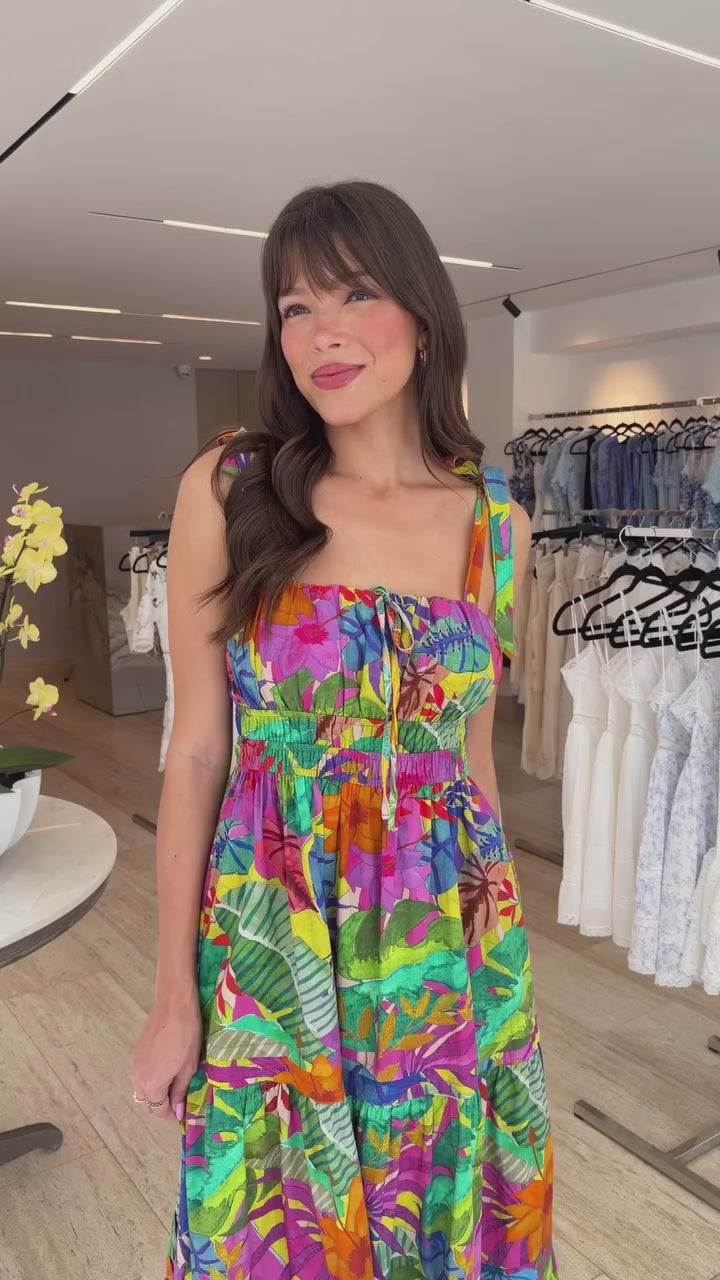 VESTIDO MIDI TIRANTES ESTAMPADO TROPICAL MORADO