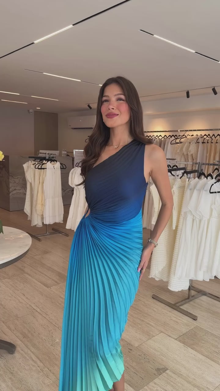 VESTIDO MIDI UN HOMBRO CUT OUT DEGRADADO AZUL
